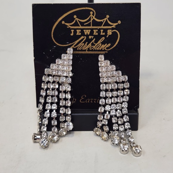 Jewels by Park Lane Clear Crystal Cascading Clip On Earrings Prong Set Vintage - Picture 1 of 5